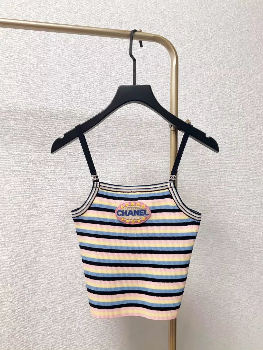 C 25 New Chest Letter Patch Embroidery Color-Crossing Stripe Knit Cami Short Tank Top