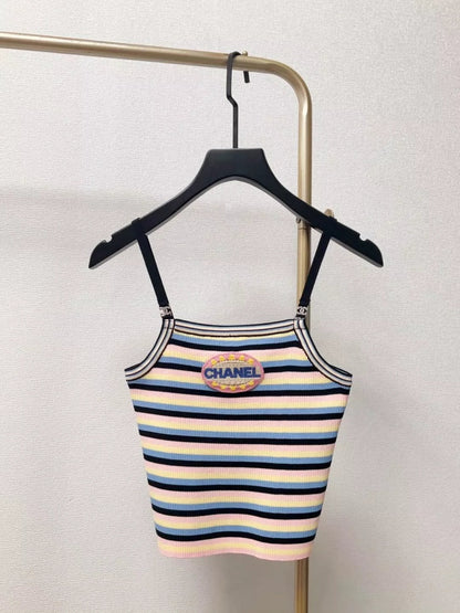 C 25 New Chest Letter Patch Embroidery Color-Crossing Stripe Knit Cami Short Tank Top