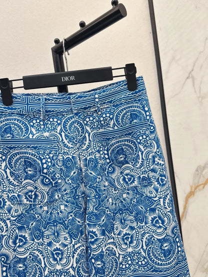D 25 New Celadon Butterfly Print Denim Collection Long Pants