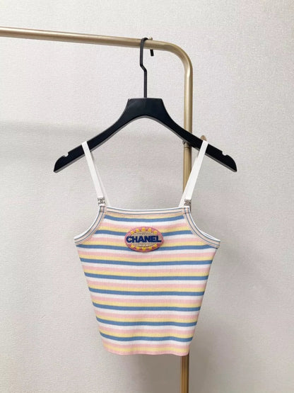 C 25 New Chest Letter Patch Embroidery Color-Crossing Stripe Knit Cami Short Tank Top
