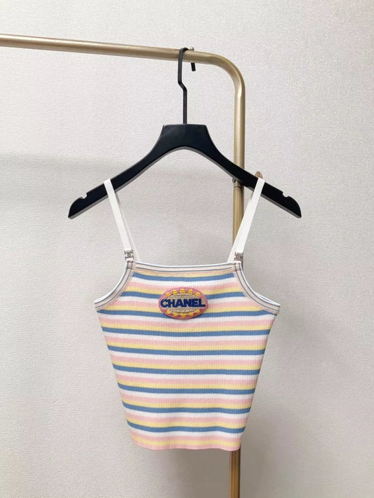 C 25 New Chest Letter Patch Embroidery Color-Crossing Stripe Knit Cami Short Tank Top