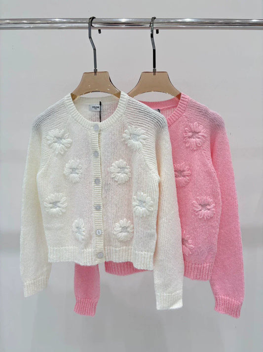 CE 25 Early Autumn New Round Neck Logo Embroidery Flower Three-Dimensional Jacquard Knitted Cardigan