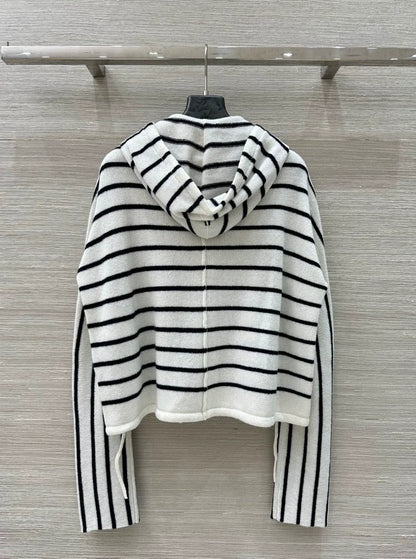 D 25 new drawstring design drawstring striped wool hooded cardigan