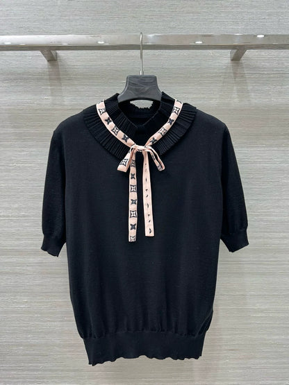 25 Spring/Summer New Lace Stand-up Collar Real Ribbon Short Sleeve