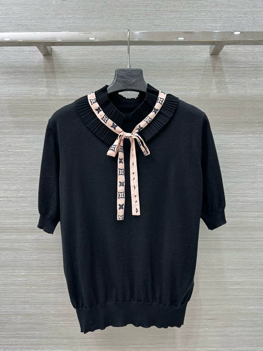 25 Spring/Summer New Lace Stand-up Collar Real Ribbon Short Sleeve