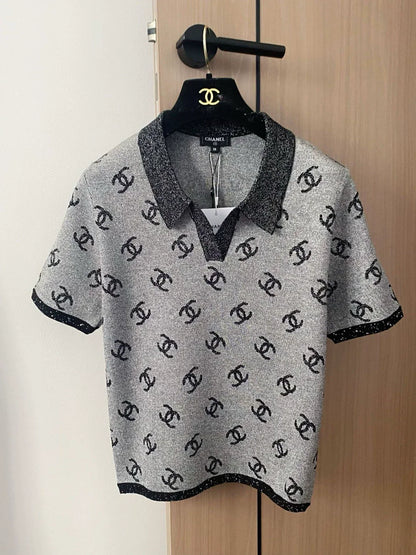 C 25 new color clashing pattern lapel short sleeve knitting