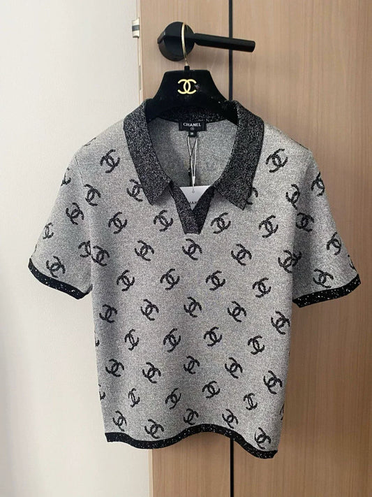 C 25 new color clashing pattern lapel short sleeve knitting