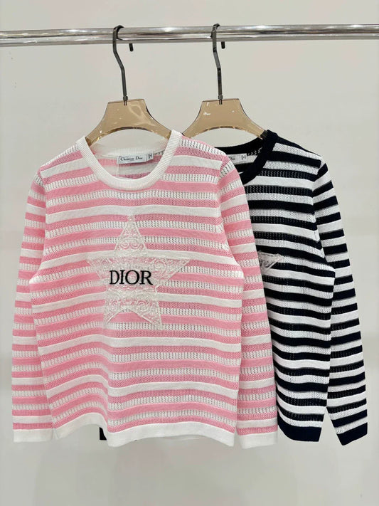 D 25 Spring and Summer New Round Neck Letter Star Embroidery Jacquard Stripe Contrast Color Knitted Long Sleeve