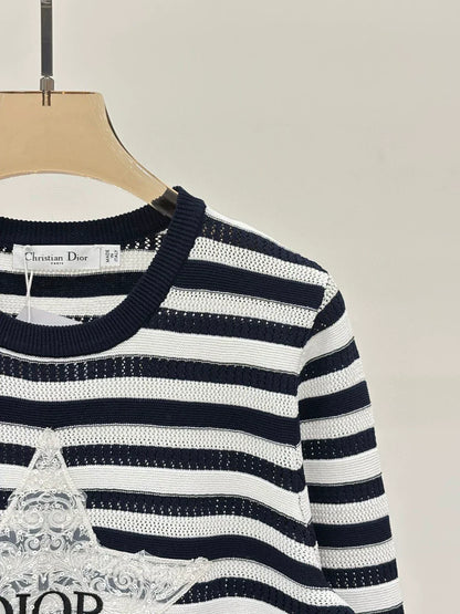 D 25 Spring and Summer New Round Neck Letter Star Embroidery Jacquard Stripe Contrast Color Knitted Long Sleeve