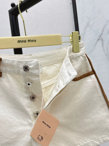 M 25 Spring/Summer Latest Patchwork Leather Embellished Denim Shorts