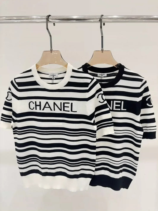 25 Summer New Black and White Striped Letter Logo Jacquard Knitted Short Sleeves