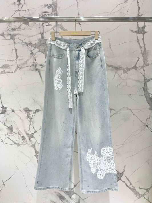 M 25 spring and summer new thin lace hot diamond straight jeans