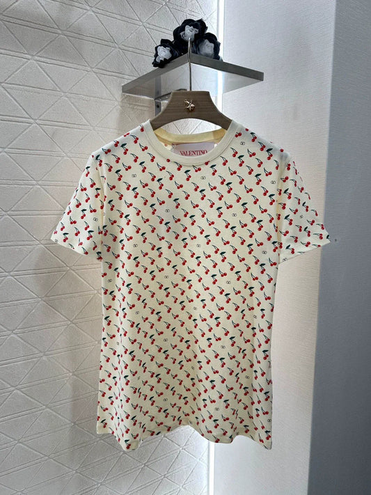 v 25 New Cherry Printed Round Neck Short Sleeve T-Shirt