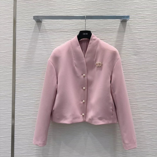 D 25 New brooch pearl single-breasted V-neck long-sleeved jacket