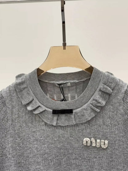 25 Early spring new round neck letter logo inlaid diamond ruffles decorative casual knitted short sleeves
