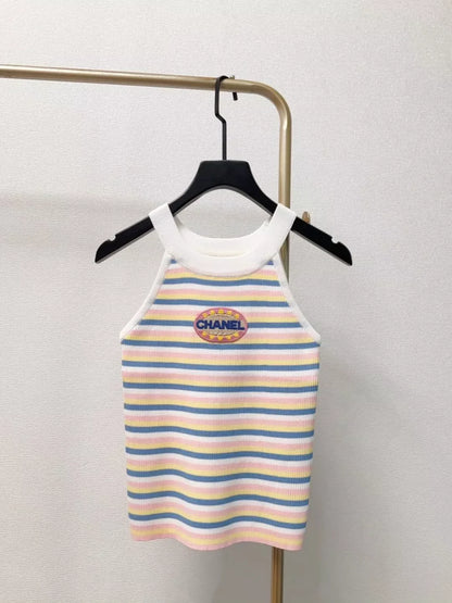 C 25 New Chest Letter Patch Embroidery Color Block Stripe Round Neck Knit Neck Cami Tank Top