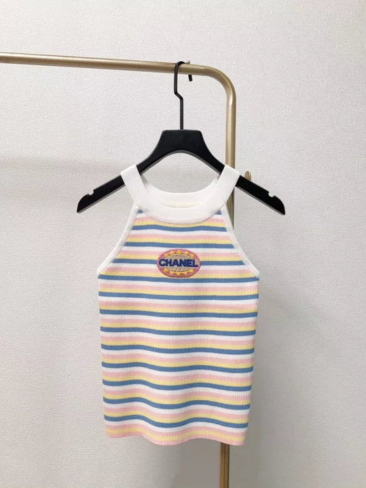 C 25 New Chest Letter Patch Embroidery Color Block Stripe Round Neck Knit Neck Cami Tank Top