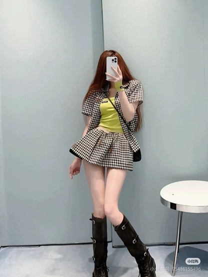 2025 Summer New Plaid Suit Loose Shirt + Mini Skirt