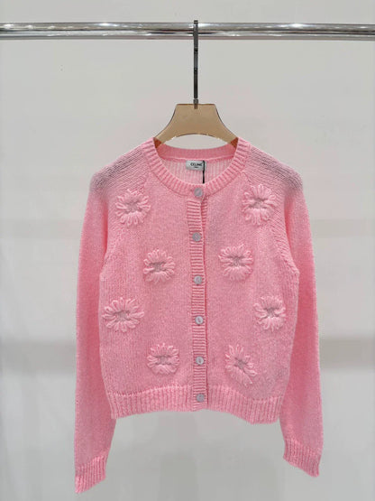 CE 25 Early Autumn New Round Neck Logo Embroidery Flower Three-Dimensional Jacquard Knitted Cardigan