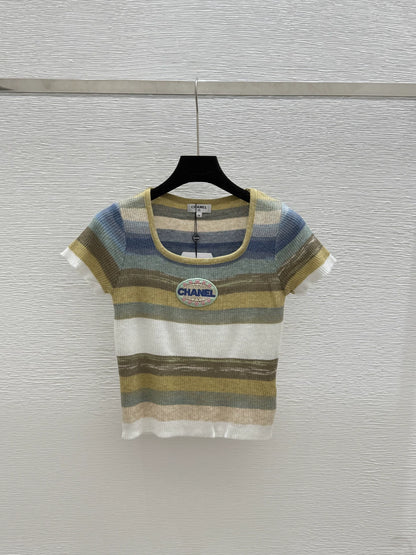 2025 Summer New Color Striped Knitted Short Sleeve Top