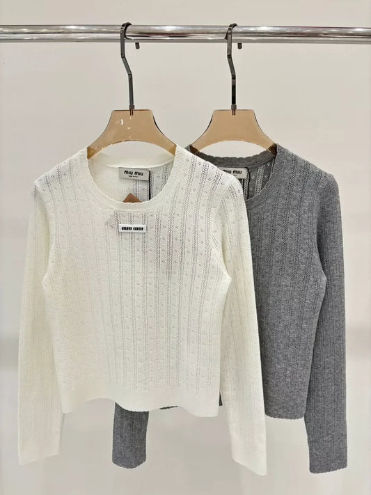 M 25 Summer new round neck letter logo hollow casual knitted long sleeves