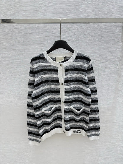 G 25 New Striped Letter Round Neck Long Sleeve Knit Cardigan