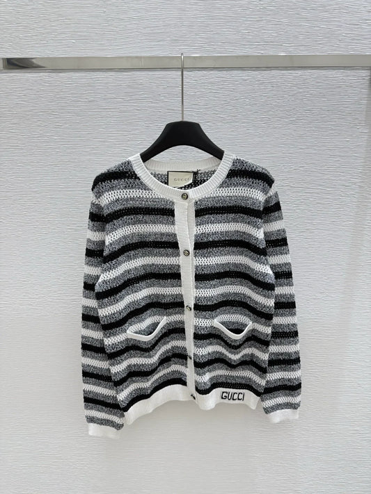G 25 New Striped Letter Round Neck Long Sleeve Knit Cardigan