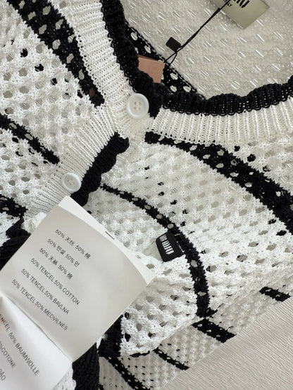 25 new striped logo hollow long sleeve knitted cardigan