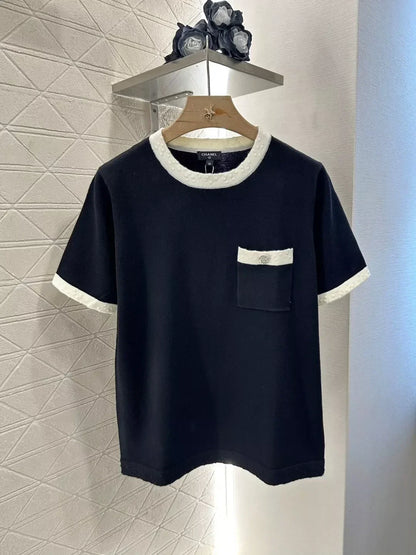 C 25 summer new black and white color collision knit short-sleeved top