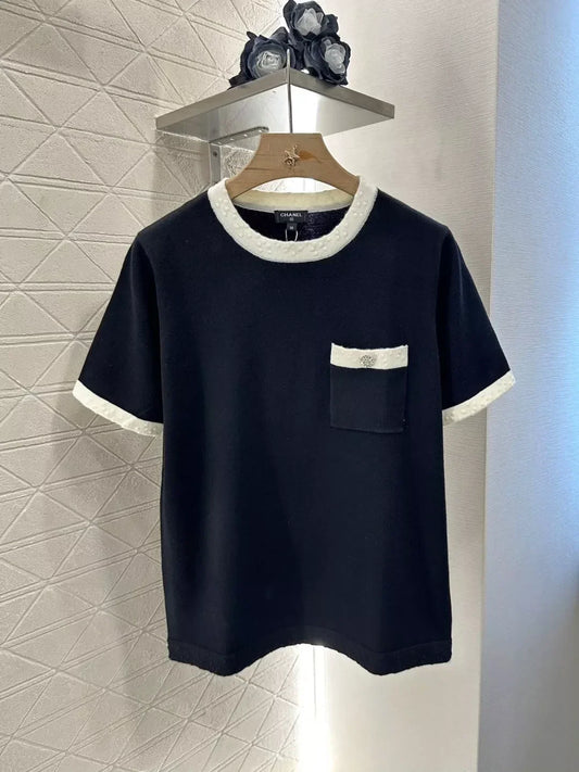 C 25 summer new black and white color collision knit short-sleeved top