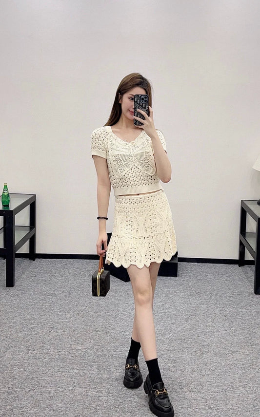 25 Spring and Summer New Style Hand Hook Short Sleeve Short Skirt Suit