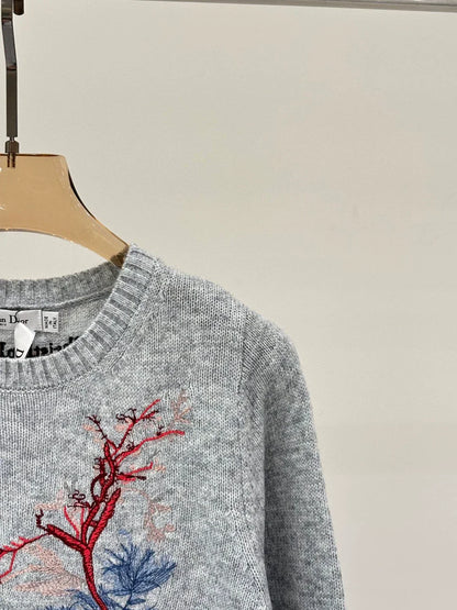 D 25 Spring and Summer New Round Neck Pine Branch Embroidery Jacquard Knitted Long Sleeve