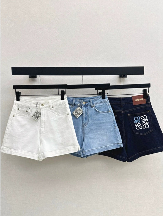 25 Latest Classic Monogrammed Leather Tag Embellished Denim Shorts ( Large Size )