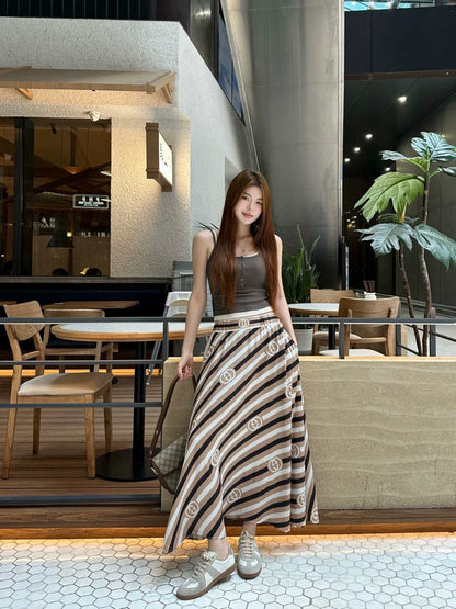 G 25 New Clashing Color Stripe Letter Half Skirt(brown orange)