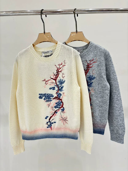 D 25 Spring and Summer New Round Neck Pine Branch Embroidery Jacquard Knitted Long Sleeve