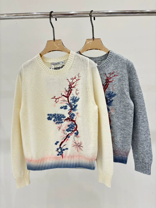 D 25 Spring and Summer New Round Neck Pine Branch Embroidery Jacquard Knitted Long Sleeve