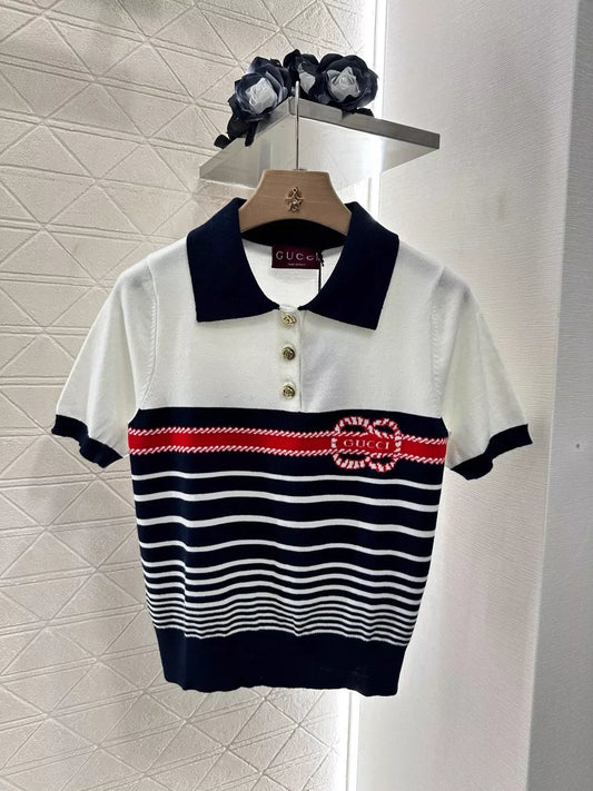 G 25 Spring/Summer New Lapel Striped Knit Short Sleeve Top