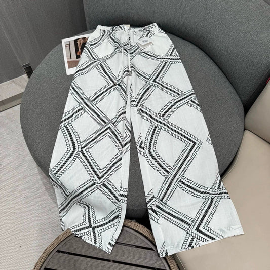 H 25 Summer Vintage Chain Print Linen Loose Trousers