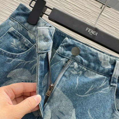 F 25 New Embroidered Printed Ruffle Hem Denim Skirt