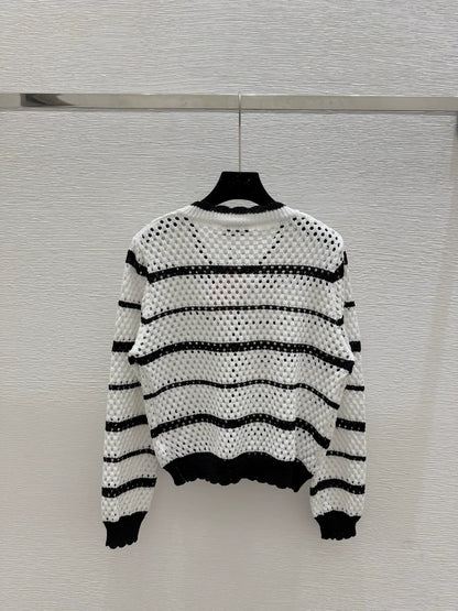 25 new striped logo hollow long sleeve knitted cardigan