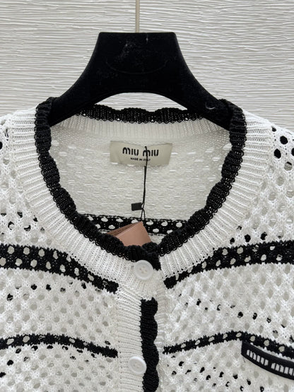 25 new striped logo hollow long sleeve knitted cardigan