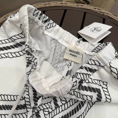 H 25 Summer Vintage Chain Print Linen Loose Trousers