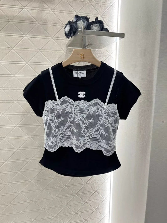 25 Spring and Summer New Lace Fake Two-piece Knit Top