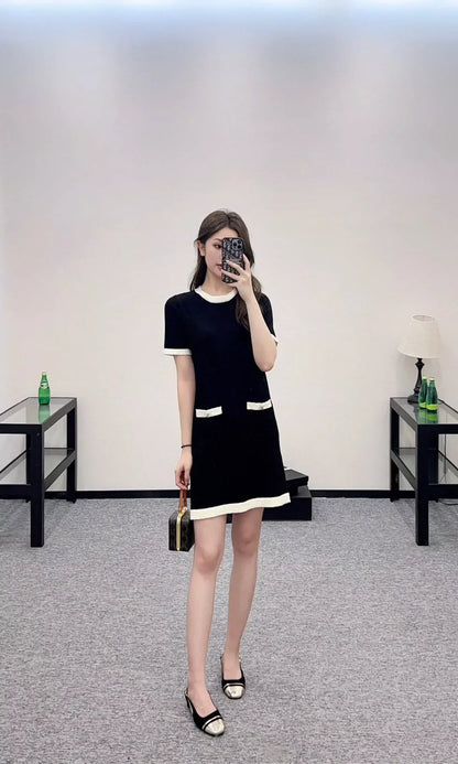 c 25 new summer black and white color clash knit short-sleeved dress