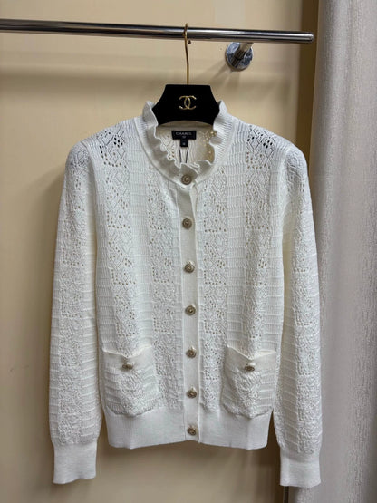 2025 Summer New Hollow Pocket Single-Breasted Ruffled Stand Collar Long-Sleeved Knitted Cardigan