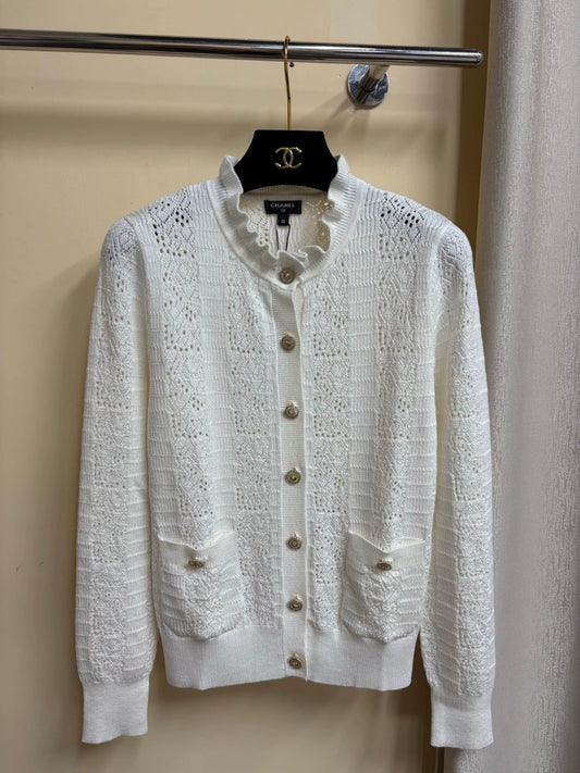2025 Summer New Hollow Pocket Single-Breasted Ruffled Stand Collar Long-Sleeved Knitted Cardigan
