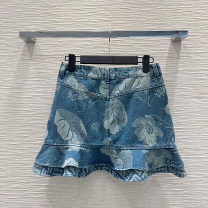 F 25 New Embroidered Printed Ruffle Hem Denim Skirt
