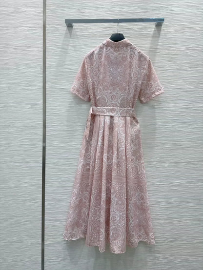 D 25 New Printed Belt Single Breasted Lapel Short Sleeve Dresses
