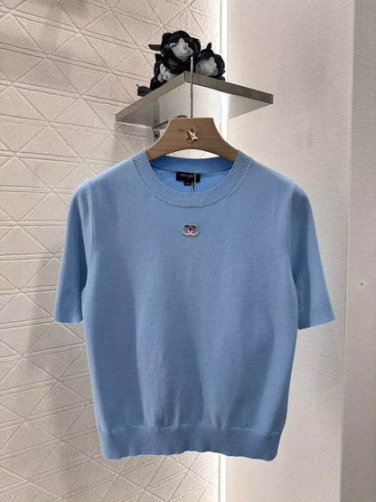 C 25 New Shoulder Sleeve Beaded Knit Short Sleeve Top(White pink blue)