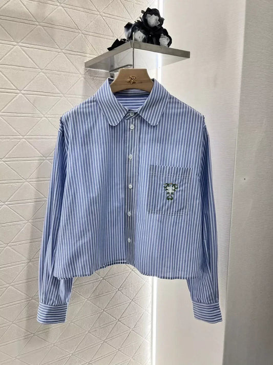 25 new lapel embroidered striped shirt